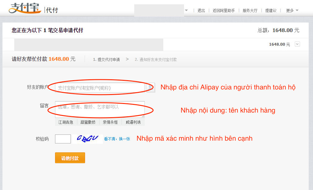 làm sao thanh toán hộ qua Alipay